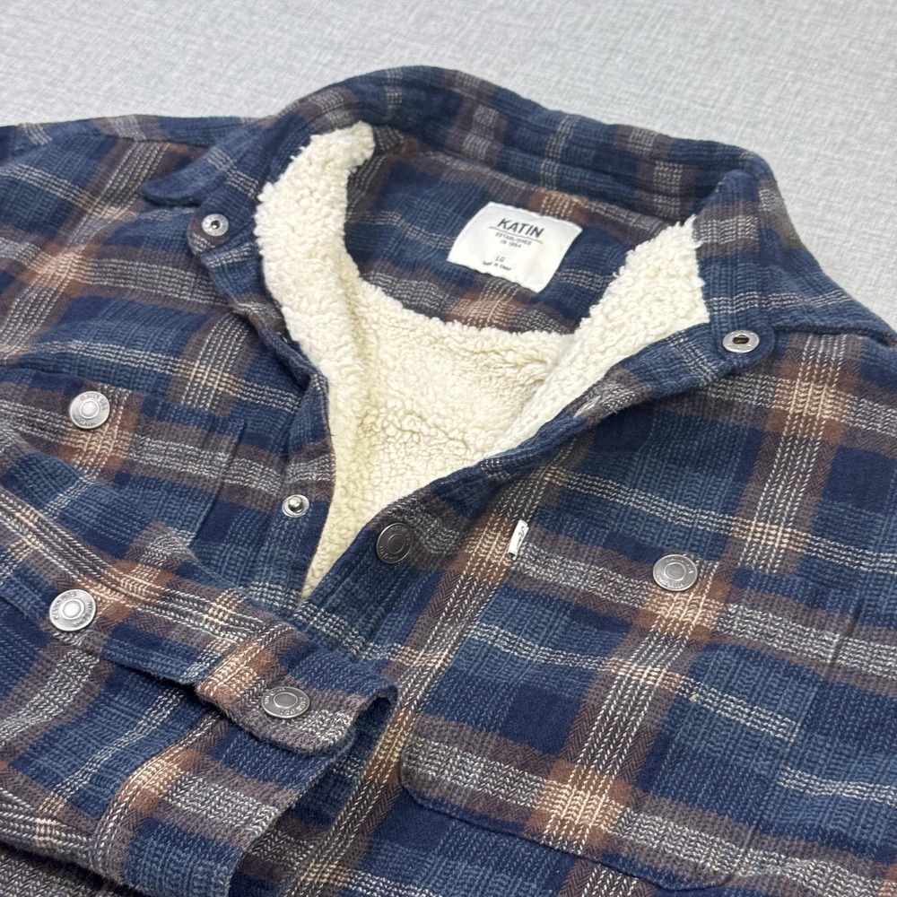 Katin Sherpa Lined Flannel Shacket Mens Large Multicolor Plaid Snap Buttons